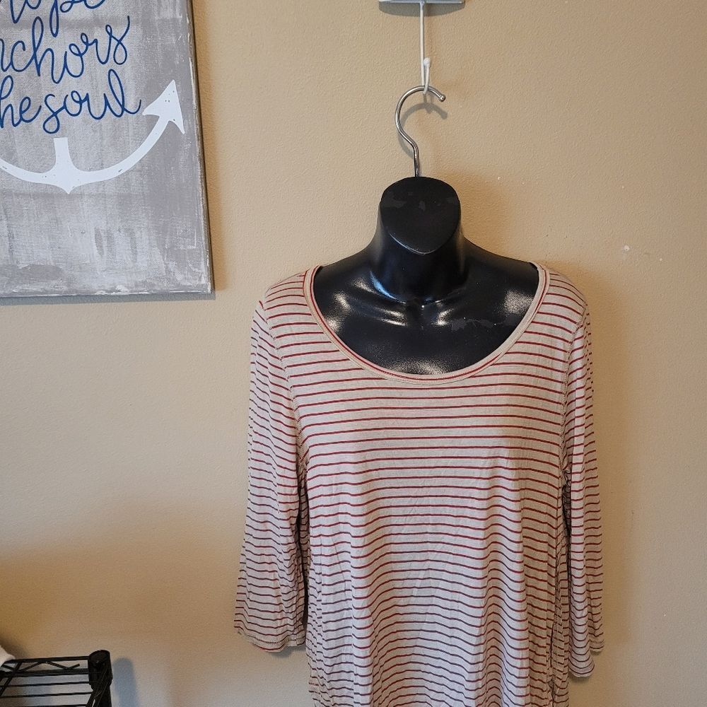 We The Free Womens T-Shirt Beige Red Stripe 3/4 Sleeve Medium Boho - Picture 4 of 15
